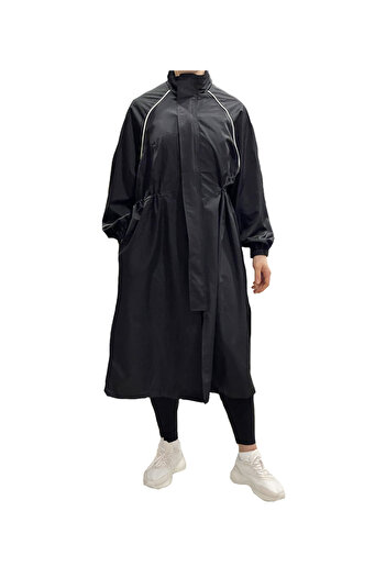 SOLOBUY Midi Trench Coat, Women's Sporty Style, Stand-up Collar, Black