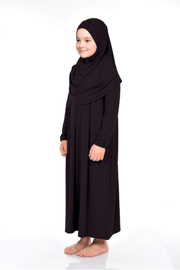 ihvan online Pratik Başörtülü Tek Parça Kız Çocuk Namaz Elbisesi 9-11 Yaş Siyah