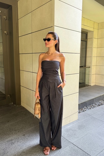 FMN Collection Design Strapless Asymmetrical Detail Denim Blouse Palazzo Wide Leg Pants Pinterest Denim Jeans Suit