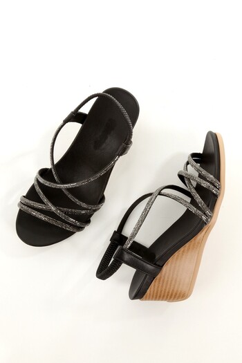 Modabuymus Coska Black Genuine Leather Sandals Wedge Heels Silver Stone Evening Dress Shoes