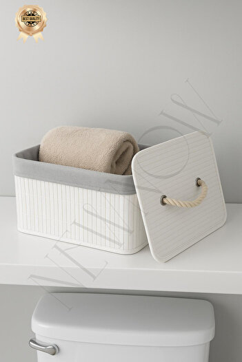NEWNOW Καλάθι πολλαπλών χρήσεων Softlines Bamboo με καπάκι, Organizer Box λευκό
