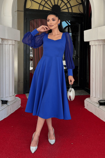 giyimmasalı Rochie Midi din Tesatura Creponata Maneci Tulle Detaliata - SAKS BLUE