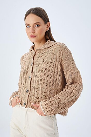 Mixray 6861 Women's Openwork Hem Colored Knitwear Cardigan Mink