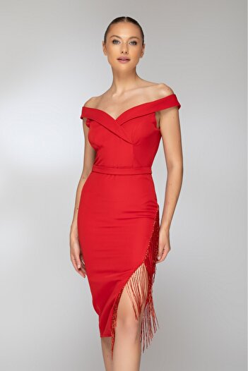Atmosphere Fashion Red midi dress with fringes