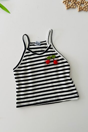 Minigimin Cicileri My Little Girl's Cherry Detailed Girl's Strap Crop - Blackwhite