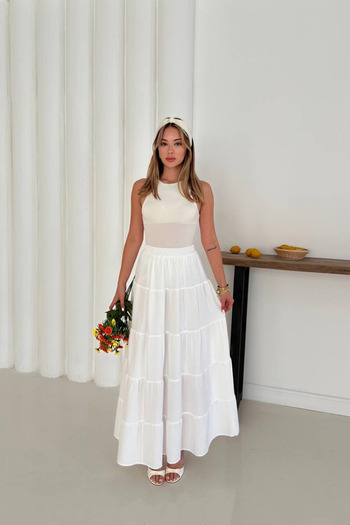 MİROR Women's White High Waist Maxi Length Layered Ruffled Flared Skirt