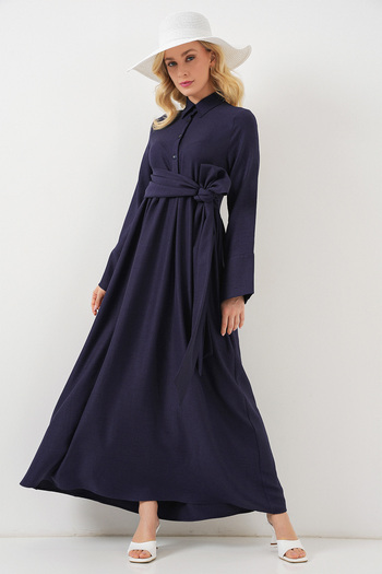 Bigdart Women's Tie Front Linen Dress 2574 - Navy Blue