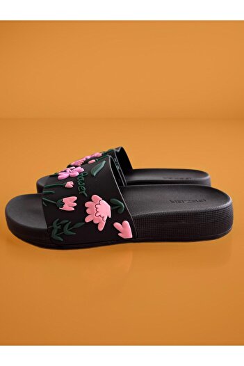 GEZER SİYAH Flower Havuz Terlik - Plaj Çiçek Desenli Terlik