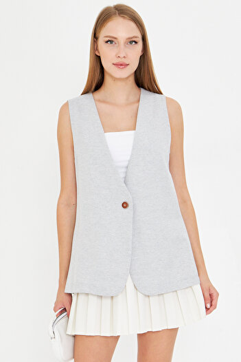 armonika Women's Gray V-Neck Single Button Oversize Vest Arm-25Y001036