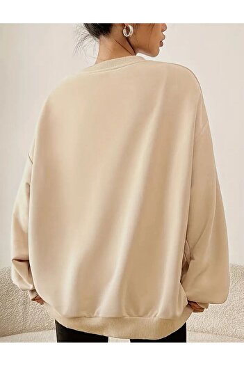 caddekombin Dandelion Printed Crew Neck Beige Sweatshirt