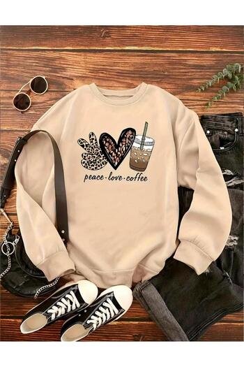 caddekombin Peace Love Coffee Printed Crew Neck Beige Sweatshirt