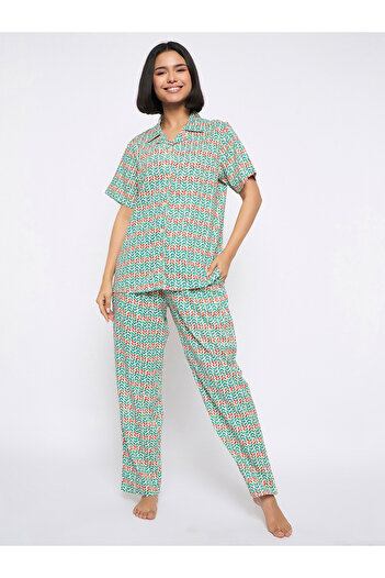 Clovia By Styli All-Over Print Button Down Shirt and Pyjama Set