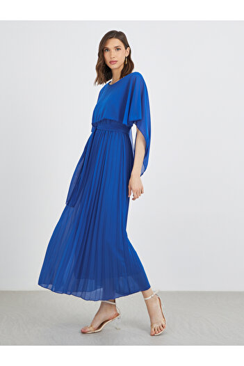 Take Two By Styli Solid Cape Sleeve Pleated Detail Maxi Dress