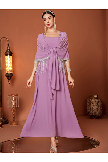 Take Two By Styli Tassel Drop Cape Sleeve with Tie-Up Maxi Dress