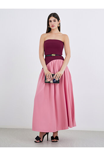 Styli Women Color Block Strapless A-Line Maxi Dress with Belt Detail
