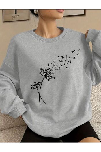 caddekombin Dandelion Printed Crew Neck Gray Sweatshirt