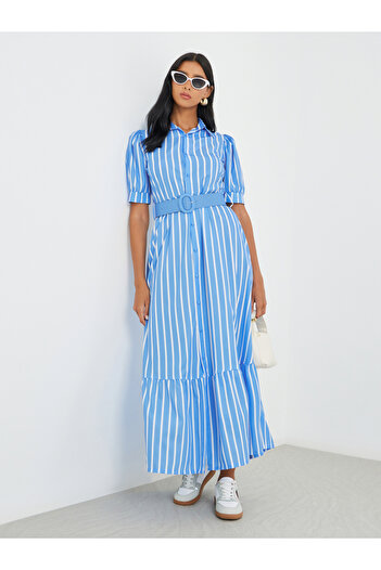 Take Two By Styli Striped Puff Sleeve Buttoned Maxi Dress