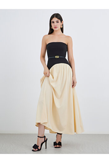 Styli Women Color Block Strapless A-Line Maxi Dress with Belt Detail