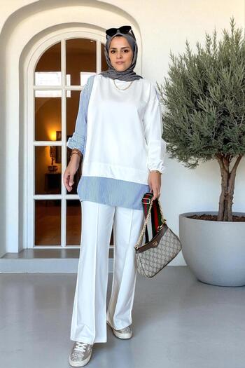 Aselim Hijap Moda Striped Shirt Detailed Tunic Double Suit |   Ecru with Pockets, Wide Legs and Tunic