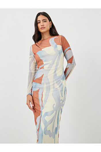 Styli Printed Long Sleeves Bodycon Maxi Dress