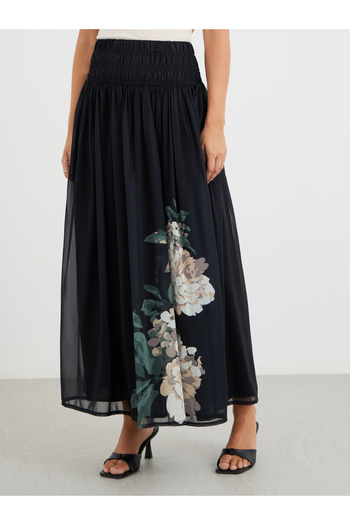 Styli Floral Print Pleated A-Line Maxi Skirt