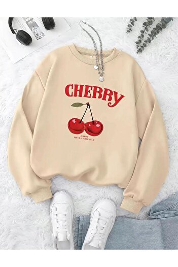 caddekombin Cherry Printed Crew Neck Beige Sweatshirt