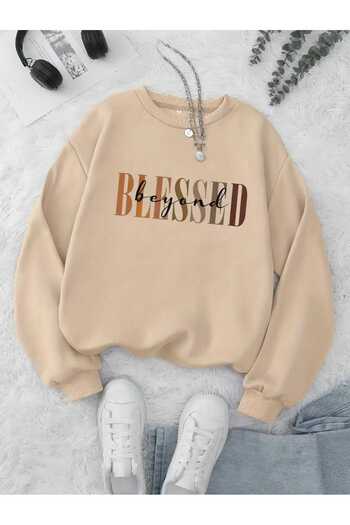caddekombin Beyond Blessed Printed Crew Neck Beige Sweatshirt