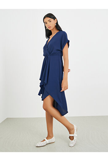 Take Two By Styli Solid Short Sleeve Asymmetric Hem Knee Length Dress
