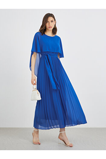Take Two By Styli Solid Cape Sleeve Pleated Detail Maxi Dress