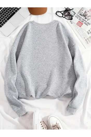caddekombin Stitch Printed Crew Neck Gray Sweatshirt