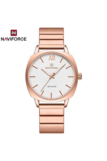 Naviforce Elegant Rose Gold Stainless Steel Watch with White Dial Quartz Movement and Water Resistance