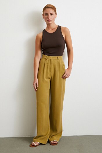 Never more Linen Palazzo Trousers Olive