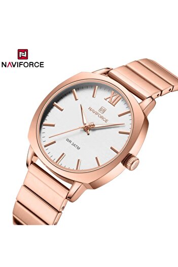Naviforce Elegant Rose Gold Stainless Steel Watch with White Dial Quartz Movement and Water Resistance