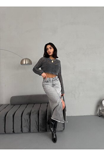 XBELLA DENİM Women's Maxi Size Denim Skirt Front Slit Detail Long