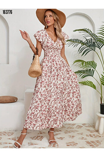 moda wanilia Women's Elastic Waist Floral Patterned Double Breasted Collar Single Breasted Dress