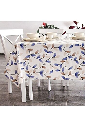 Pucioasa Teflon-coated cotton tablecloth, round, diameter 180cm, Blue and beige leaves