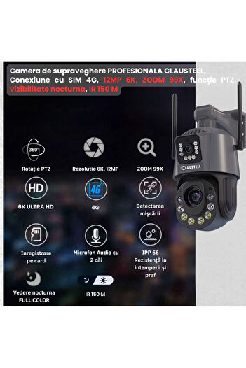 CLAUSTEEL Cameră de supraveghere profesională 2 în 1, 4G cu zoom 99X, 12 MP, 6K, vedere 1 km, senzor PIR