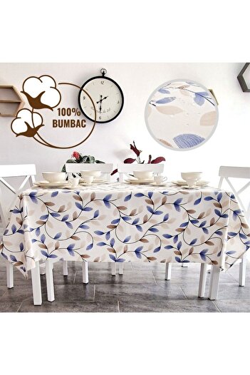 Pucioasa Teflon-coated cotton tablecloth, round, diameter 160cm, Blue and beige leaves