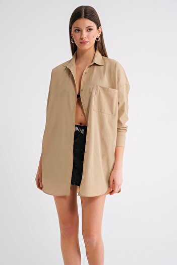 Mixray 4053 Women's Single Pocket Oversize Basic Shirt Biscuit