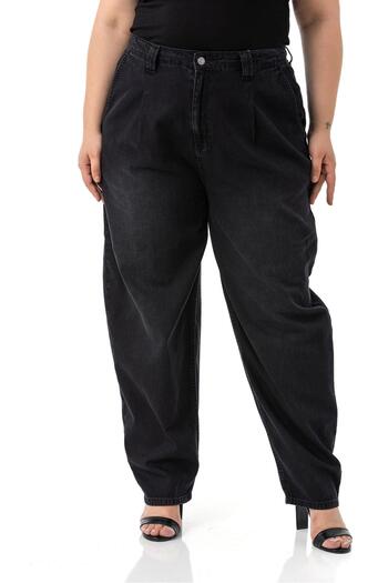 DISENTIS MODEST Plus Size Front Pleated Half Balloon Cut Waist Back Elastic Pocket Denim Black Trousers