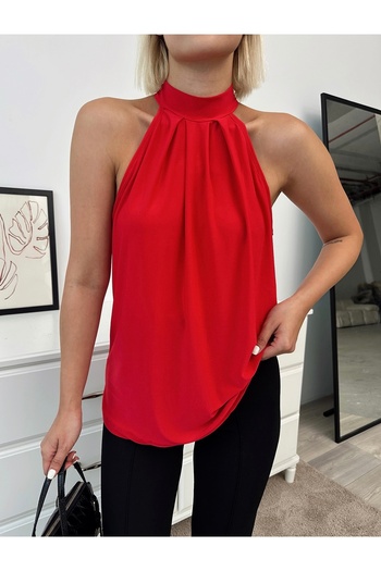 ladyzey Women's Red Halter Neckline Button Back Zero Sleeve Sandy Fabric Blouse