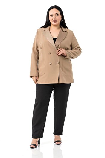 DISENTIS MODEST Plus Size Satin Collar and Button Detail Pocket Lined Mink Jacket