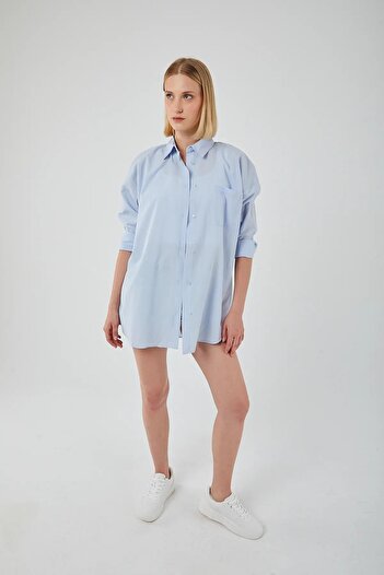 Mixray 4053 Kadın Tek Cepli Oversize Basic Gömlek Bebe Mavi