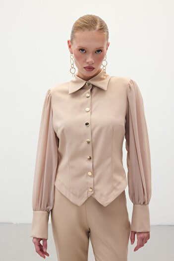 Sateen Chiffon Sleeve Shirt - Beige