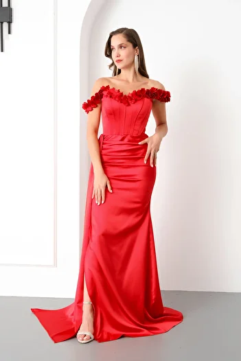 Lafaba Women's Red Collar Floral Long Satin Evening Dress