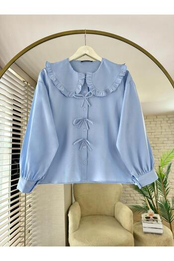 Nergis Neva Butik Poplin Fabric Collar Detailed Bow Skirt Top Shirt