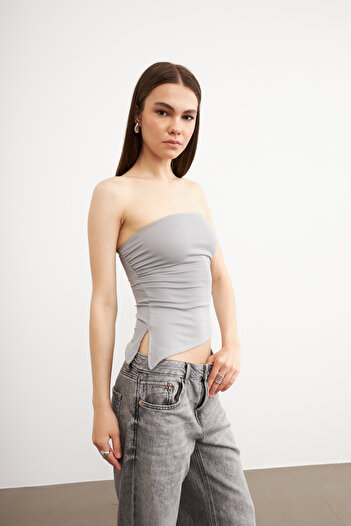 Bipantolon Women's Gathered Asymmetrical Strapless Gray Blouse