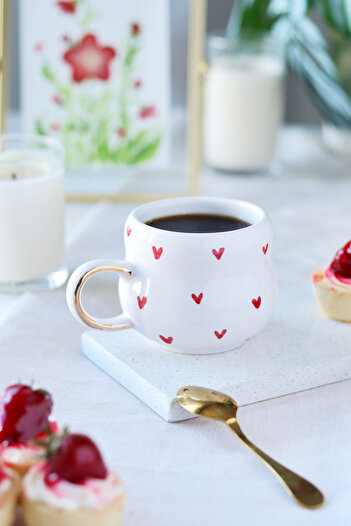 ada mia seramik Heart Patterned 24K Gold Decorated Handmade Ceramic Mug 200ml
