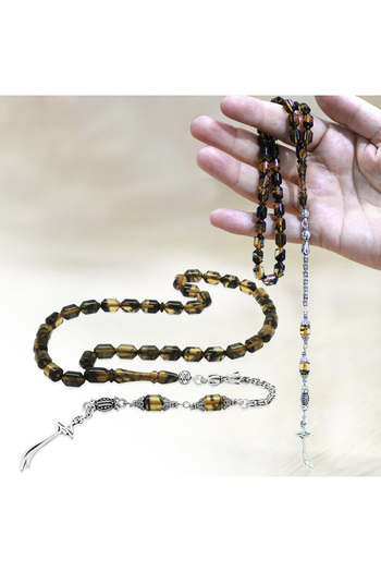 Tesbihane Non-Tarnish Metal Albanian Tassel Tip Capsule Cut Black White Fire Amber Prayer Beads