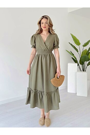 Lusin Women's Khaki V-Neck Elastic Waist Drawstring Muslin Fabric Short Sleeve Dress (New Color)